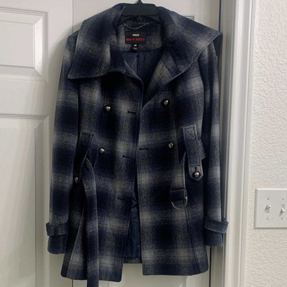 Miss Sixty Blue Plaid Pea Coat